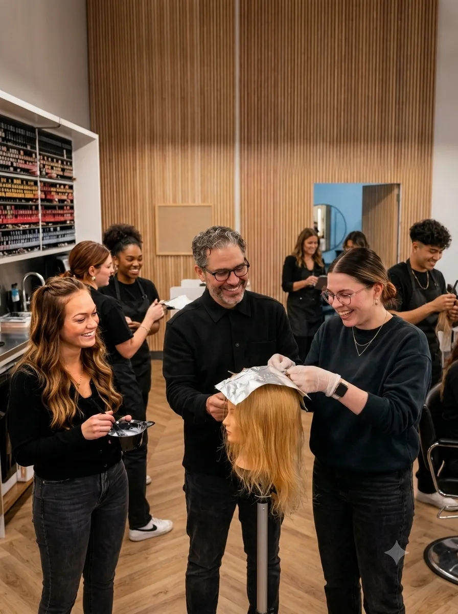 Hair school Burlington — instructor teaching hairstyling diploma students at Hair Xtacy Academy of Hair Design